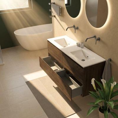 Saniclass Holz Pure Ensemble meuble de salle de bains - 140x45x62cm - lavabo Vygo en céramique blanc - 2 vasques - sans trous de robinetterie - 4 tiroirs - chêne charcoal brillant (bois)