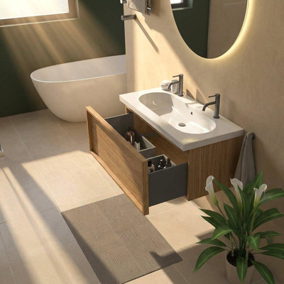Saniclass Holz Frame Ensemble meuble de salle de bains - 100x45x43.5cm - Lavabo en céramique Palermo blanc - 1 vasque - 2 trous de robinetterie - 1 tiroir - chêne natural mat (bois)
