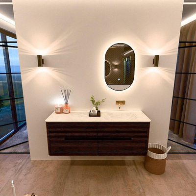 Mondiaz CIRO-DLUX Ensemble meuble de salle de bains - 140x45x50cm - Vasque en solid surface Opalo - 1 lavabo à droite - sans trous de robinet - 4 tiroirs - Noyer