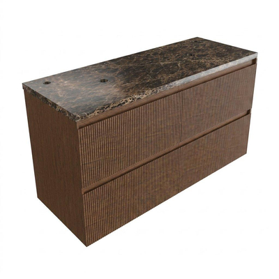 Saniclass Holz Atelier Ensemble meuble de salle de bains - 120x45x63cm - Plan de travail en pierre naturelle Noche dark emperador - 2 trous de robinet - 2 tiroirs - mat walnut pure (bois)
