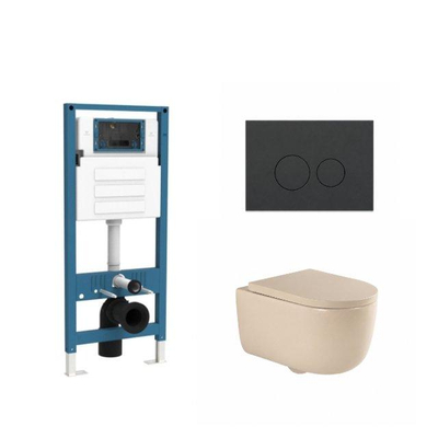 QeramiQ Dely Swirl Ensemble de toilette - réservoir encastré QeramiQ Flush - abattant 35mm - plaque de commande en plastique anthracite mat - boutons ronds - beige