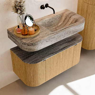 MONDIAZ THOR-DLUX 100cm badmeubel ronding links + rechts kleur Oak met 1 lade en 2 deuren. Vrijhangende wastafel CLOUD Rechts zonder kraangat kleur Oza.