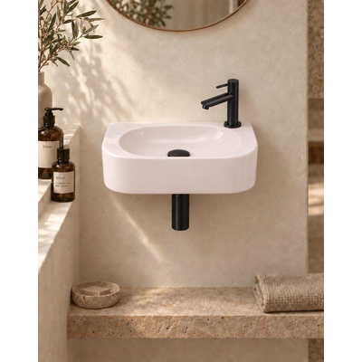 QeramiQ Fuente pack lave-mains – demi-rond – 40 x 22 x 12 cm – céramique lin – perçage à droite – robinet noir mat