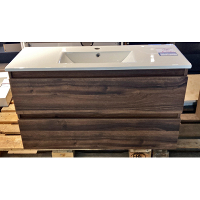 Saniclass Chacito Wastafelonderkast - met wastafel keramiek 100x39.5x55cm - ondiep - 2 lades - greeploos - noten - incl. keramische wastafel wit 1 kraangat - OUTLET UDEN