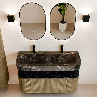 MONDIAZ THOR-DLUX 120cm meuble de salle de bains arrondi gauche + droite couleur Dusk avec 1 tiroir et 2 portes. Vasque suspendue CLOUD Double 2 trous de robinet couleur Lava.