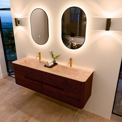 Mondiaz CIRO-DLUX Meuble de salle de bains - 160x45x50cm - Plan vasque solid surface Arena - 2 vasques Double - 2 trous de robinet - 4 tiroirs - Ruby