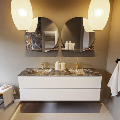 Mondiaz VICA-DLUX ensemble de meuble de salle de bain - 150cm - meuble sous lavabo talc - 2 tiroirs - lavabo encastré cloud double - 2 trous de robinet - miroir modèle spot - version XL 60cm de haut - lave