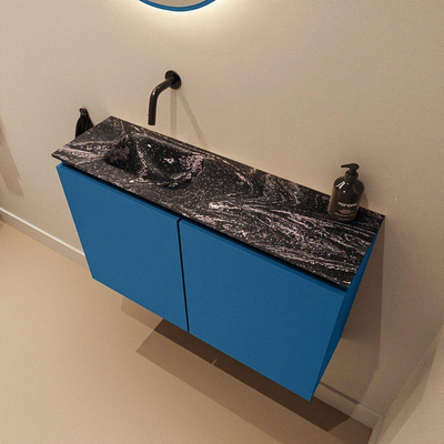 MONDIAZ TURE-DLUX Meuble toilette - 80cm - Jeans - EDEN - vasque Lava - position gauche - sans trou de robinet