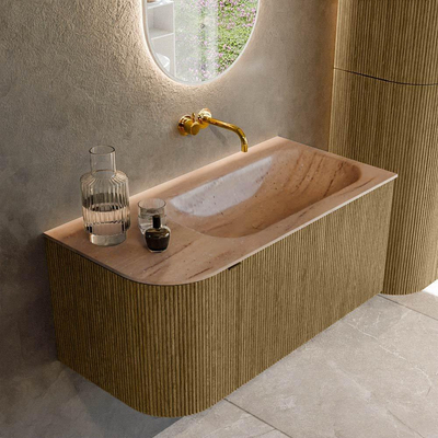 MONDIAZ KURVE-DLUX Meuble de salle de bains 95cm arrondi à gauche couleur Dusk avec 1 tiroir et 1 porte. Lavabo BIG SMALL à droite sans trou de robinet Saba.