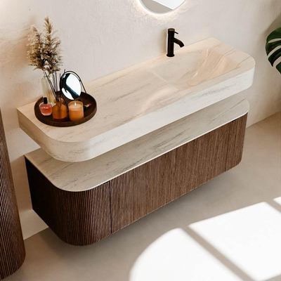 MONDIAZ THOR-DLUX 140cm meuble de salle de bains arrondi gauche + droite couleur Walnut avec 1 tiroir et 2 portes. Vasque suspendue CLOUD Droite 1 trou de robinet couleur Meli.