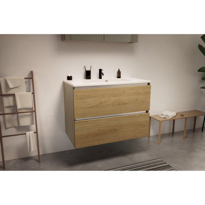 Nemo Go Ensemble de meuble - 60x65x45.5cm - 2 tiroirs - sans poignée - 1 vasque Blanc brillant - 1 trous de robinet - avec armoire toilette - MDF Riverside Oak