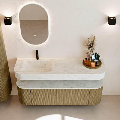 MONDIAZ THOR-DLUX 150cm meuble de salle de bains arrondi gauche + droite couleur Dusk avec 1 tiroir et 2 portes. Vasque suspendue CLOUD Gauche 1 trou de robinet couleur Opalo.