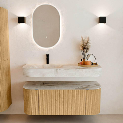 MONDIAZ THOR-DLUX 120cm badmeubel ronding links + rechts kleur Oak met 1 lade en 2 deuren. Vrijhangende wastafel CLOUD Links 1 kraangat kleur Frappe.