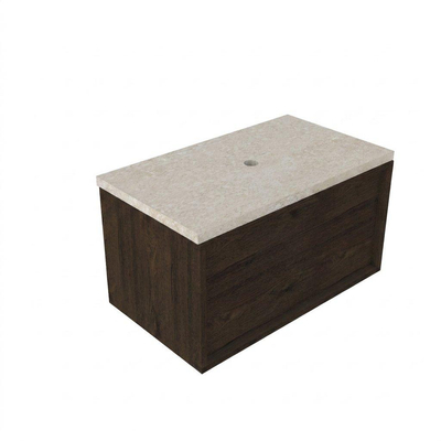 Saniclass Holz Frame Ensemble de meubles de salle de bains - 80x45x43cm - Plan de travail en pierre naturelle travertin - sans trou de robinet - 1 tiroir - chêne charcoal mat (bois)