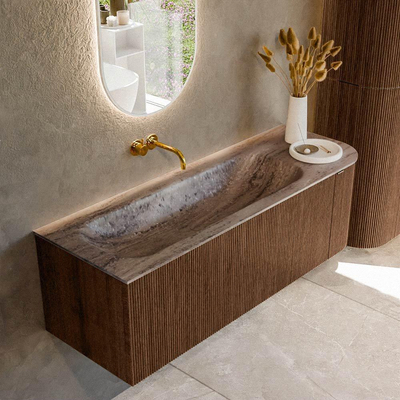 MONDIAZ KURVE-DLUX meuble de salle de bains 135cm arrondi droit couleur noyer avec 1 tiroir et 1 porte. Vasque BIG MEDIUM gauche sans trou de robinet Oza.