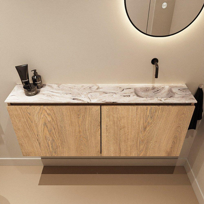 MONDIAZ TURE-DLUX Meuble WC 120 cm Washed Oak. Lavabo EDEN Glace position à droite. Sans trou de robinet.