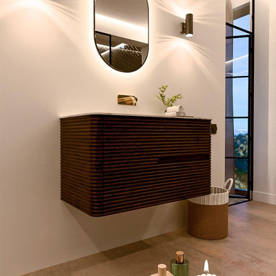 Mondiaz CIRO-DLUX Ensemble de meubles de salle de bains - 90x45x50cm - vasque en solid surface Glace - 1 bassin au milieu - sans trous de robinet - 2 tiroirs - Noyer
