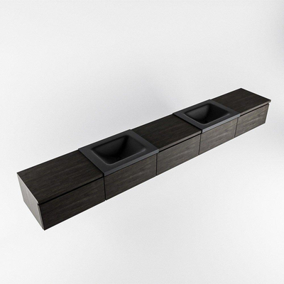 MONDIAZ BUKLA meuble de salle de bain 300cm avec module 60 couleur Marron Foncé avec 5 tiroirs. Lavabo CLOUD double 2 trous de robinet couleur Urban.
