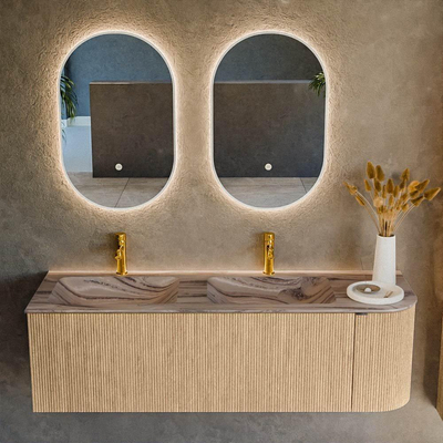 MONDIAZ KURVE-DLUX Meuble de salle de bains 145cm arrondi à droite couleur Chêne avec 1 tiroir et 1 porte. Lavabo LEAF Double / Gauche 2 trous de robinet Sombra.