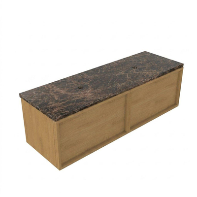 Saniclass Holz Frame Ensemble de meubles de salle de bains - 140x45x43cm - Plan de travail en pierre naturelle Noche dark emperador - sans trou de robinetterie - 2 tiroirs - chêne natural mat (bois)
