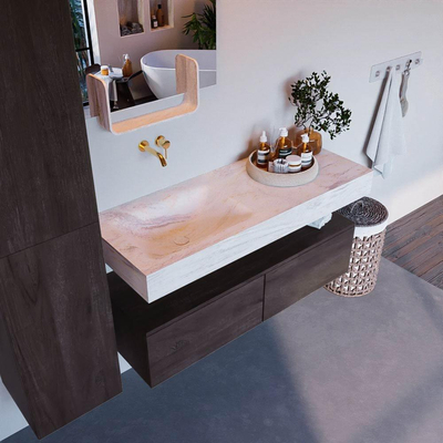 Mondiaz ALAN-DLUX Ensemble de meuble de salle de bains - 80x46cm - 2 tiroirs - lavabo suspendu - sans trous de robinet - 2 à gauche - brun foncé (chêne foncé)