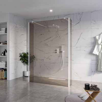 FugaFlow Eccelente Vetro Douche à l'italienne - 140x200cm - verre fumé - anticalcaire - verre de sécurité 8mm - 2 parois latérales 30cm - avec bras muraux et profilés d'angle - Blanc mat