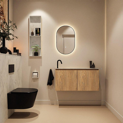 MONDIAZ TURE-DLUX Meuble toilette - 100cm - Washed Oak - EDEN - vasque Opalo - position gauche - 1 trou de robinet