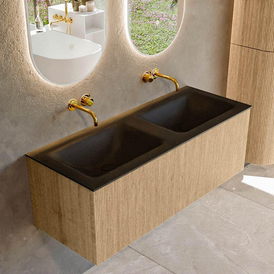MONDIAZ KURVE 120cm Meuble salle de bain - couleur Oak - 1 tiroir - vasque CLOUD double - sans trous de robinet - Urban