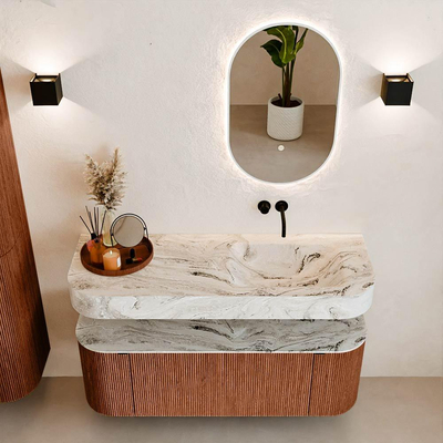 MONDIAZ THOR-DLUX 130cm meuble de salle de bains arrondi gauche + droite couleur Ruby avec 1 tiroir et 2 portes. Vasque suspendue CLOUD droite sans trou de robinet couleur Glace.