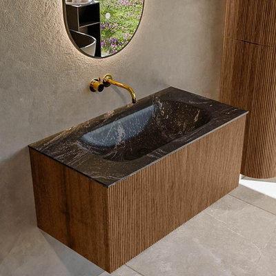 MONDIAZ KURVE-DLUX 90cm Meuble salle de bain - couleur Walnut - 1 tiroir - vasque BIG SMALL centre - sans trou de robinet - couleur Lava