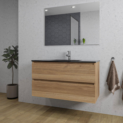Saniclass Chaci Ensemble meuble de salle de bains - 100x46x55cm - lavabo céramique noir - 1 vasque - 1 trou de robinet - 2 tiroirs - miroir rectangulaire - chêne