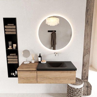 MONDIAZ BUKLA 120cm meuble de salle de bain avec module 40 couleur Chêne blanchi avec 2 tiroirs. Lavabo CLOUD à droite 0 trous de robinet couleur Urbaine.