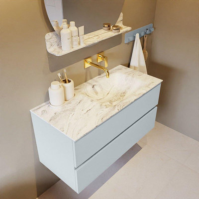 Mondiaz VICA-DLUX Ensemble de meuble de salle de bain - 100cm - meuble sous-vasque argile - 2 tiroirs - lavabo encastré nuage droite - sans trous de robinet - version haute 60cm - glace