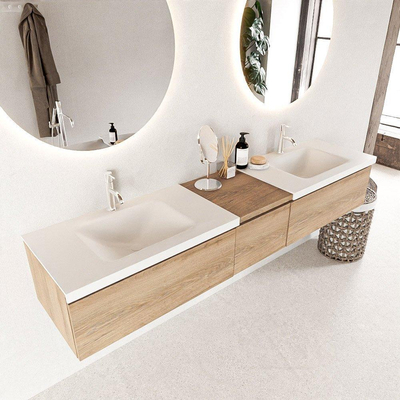 Mondiaz bukla ensemble de meubles de bain 200x45x34cm 2 robinets 2 lavabos surface solide talc sans poignée 3 tiroirs avec fermeture douce mélamine chêne lavé