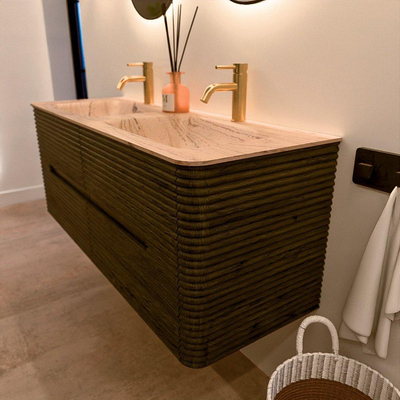 Mondiaz CIRO-DLUX Meuble de salle de bains - 130x45x50cm - Plan vasque solid surface Arena - 2 vasques double - 2 trous de robinetterie - 4 tiroirs - Shadow