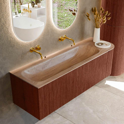 MONDIAZ KURVE-DLUX Meuble de salle de bains 145cm arrondi à droite couleur Ruby avec 1 tiroir et 1 porte. Lavabo BIG LARGE gauche sans trou de robinet Saba.