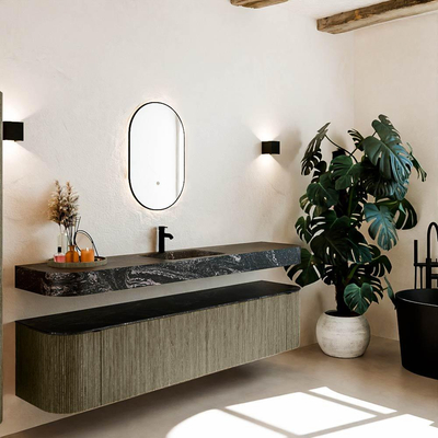 MONDIAZ THOR-DLUX 200cm meuble de salle de bains arrondi gauche + droite couleur Shadow avec 2 tiroirs et 2 portes. Vasque suspendue CLOUD Milieu 1 trou de robinet couleur Lava.