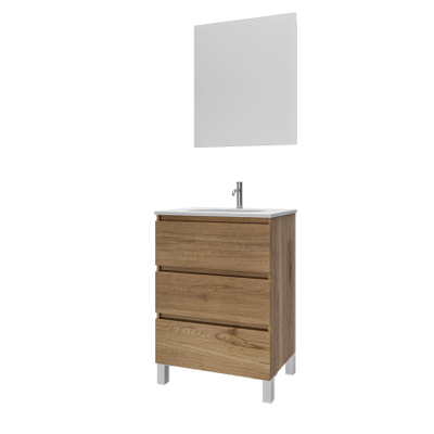 Adema Chaci PLUS Badkamermeubelset - 60x86x46cm - 1 ovale keramische wasbak wit - 1 kraangat - 3 lades - rechthoekige spiegel - eiken