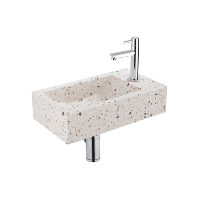 FugaFlow Eccelente Pietra Ensemble fontaine - 40x22x10cm - trou de robinet à droite - robinet de fontaine chrome - bouchon de vidange - siphon abaissé - beige mat