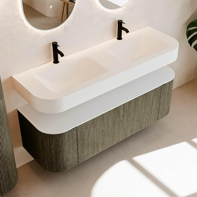 MONDIAZ THOR 140cm meuble de salle de bains arrondi gauche + droite couleur Shadow avec 1 tiroir et 2 portes. Vasque suspendue CLOUD Double 2 trous de robinet couleur Talc.