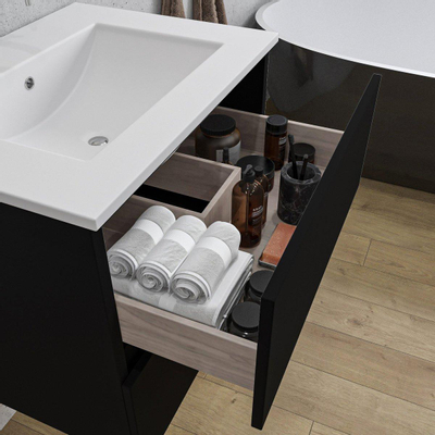 Adema Chaci Ensemble de meuble - 60x46x57cm - 1 vasque en céramique blanche - sans trou de robinet - 2 tiroirs - miroir rond avec éclairage - noir mat