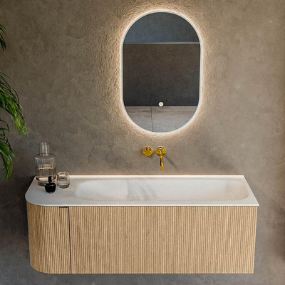 MONDIAZ KURVE Meuble de salle de bains 125 cm avec module 25 L couleur Chêne avec 1 tiroir et 1 porte. Lavabo BIG MEDIUM à droite sans trou de robinet Talc.