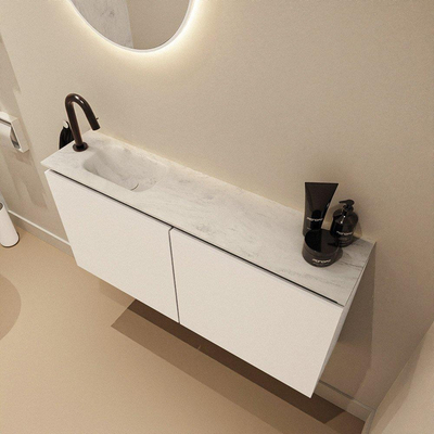 MONDIAZ TURE-DLUX Meuble de toilettes 100cm Talc. EDEN lavabo Opalo position gauche. Avec 1 trou de robinet.