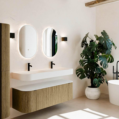 MONDIAZ THOR 140cm meuble de salle de bains arrondi gauche + droite couleur Dusk avec 1 tiroir et 2 portes. Vasque suspendue CLOUD Double 2 trous de robinet couleur Talc.