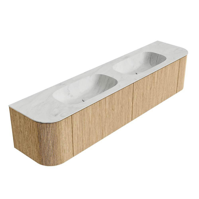 MONDIAZ KURVE-DLUX 200cm Meuble salle de bain avec module 25 G et D - couleur Oak - 2 tiroirs - 2 portes - vasque STOR SMALL double - sans trou de robinet - couleur Opalo