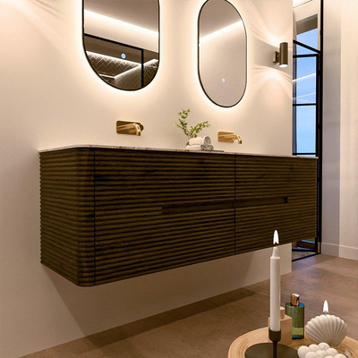 Mondiaz CIRO-DLUX Meuble de salle de bains - 160x45x50cm - Plan vasque solid surface Glace - 2 vasques Double - sans trous de robinetterie - 4 tiroirs - Shadow