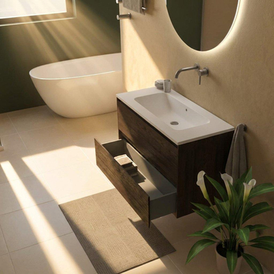 Saniclass Holz Pure Ensemble de meubles de salle de bains - 100x45x77.5cm - lavabo Torino en solid surface blanc - sans trou de robinetterie - 2 tiroirs - chêne charcoal mat (bois)