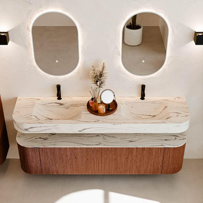 MONDIAZ THOR-DLUX 180cm meuble de salle de bains arrondi gauche + droite couleur Ruby avec 2 tiroirs et 2 portes. Vasque suspendue CLOUD Double 2 trous de robinet couleur Nata.