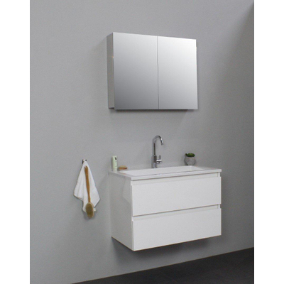 Basic Bella Meuble lavabo acrylique avec 1 trou de robinet avec armoire de toilette à 2 portes grise 80x55x46cm Flat Pack Blanc haute-brillance
