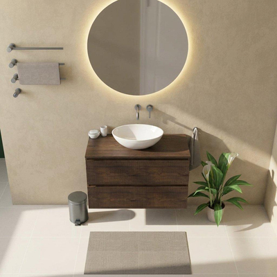 Saniclass Holz Atelier Ensemble meuble de salle de bains - 100x45x62cm - plan de toilette en bois - sans trou de robinet - 2 tiroirs - chêne charcoal mat (bois)